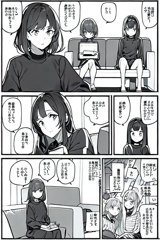 two girls play video games sitting on a two-seater sofa., manga style, line arts illustration