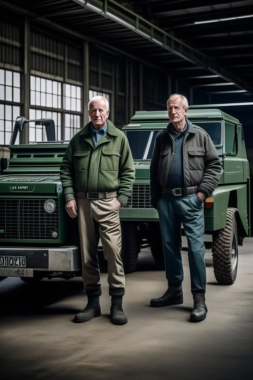 two haggard looking men working in a land rover warehouse