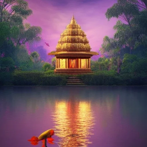 highly detailed indian lake with temple and lotus landscape with jungle, sunset, illustration, cinematic lighting, 4k, 8k, octane render, digital concept art, trending on artstation, pinterest, extremely detailed, ambient lighting.