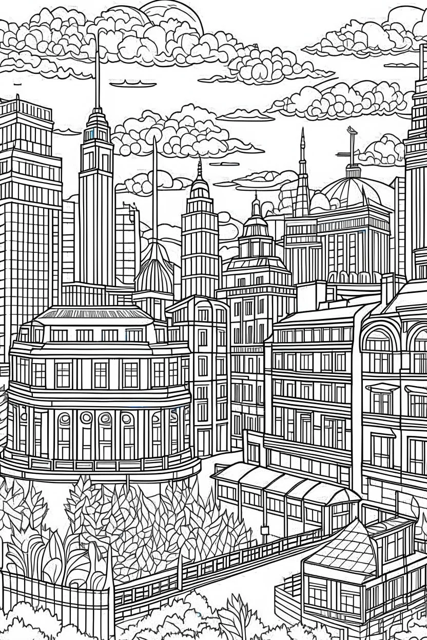 various architectural landmarks and cityscapes, coloring book page, simple and clean line art, adult drawing book, black and white, crisp black lines, no shades, sharp lines, coloring book for adults, cartoon style, landscape