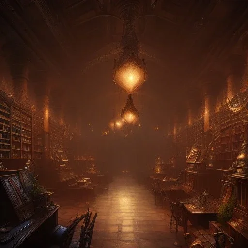 dark fantasy concept art, dynamic lighting, hyperdetailed, intricately detailed, Splash screen art, deep color, Unreal Engine, volumetric lighting, fantasy library artwork, indoors, cozy, leather, wood, library, books,