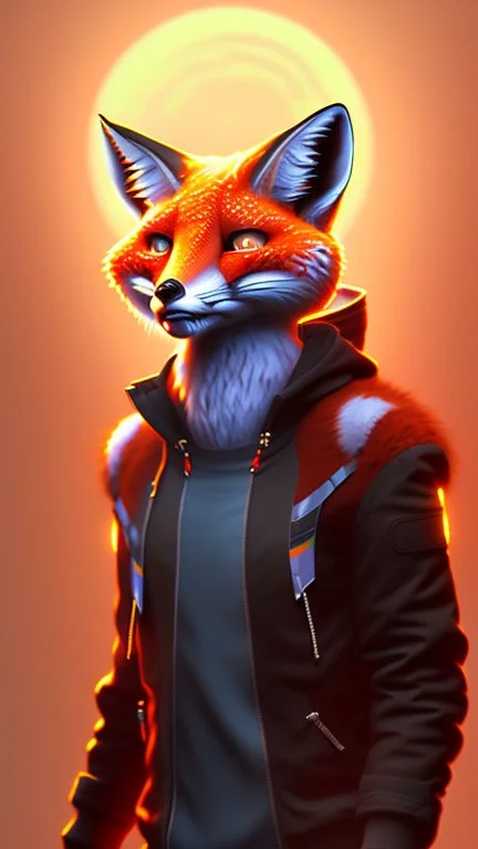 A fox fursona, Trending on artstation, Furry art, Digital art, Cyberpunk, High quality, Backlighting