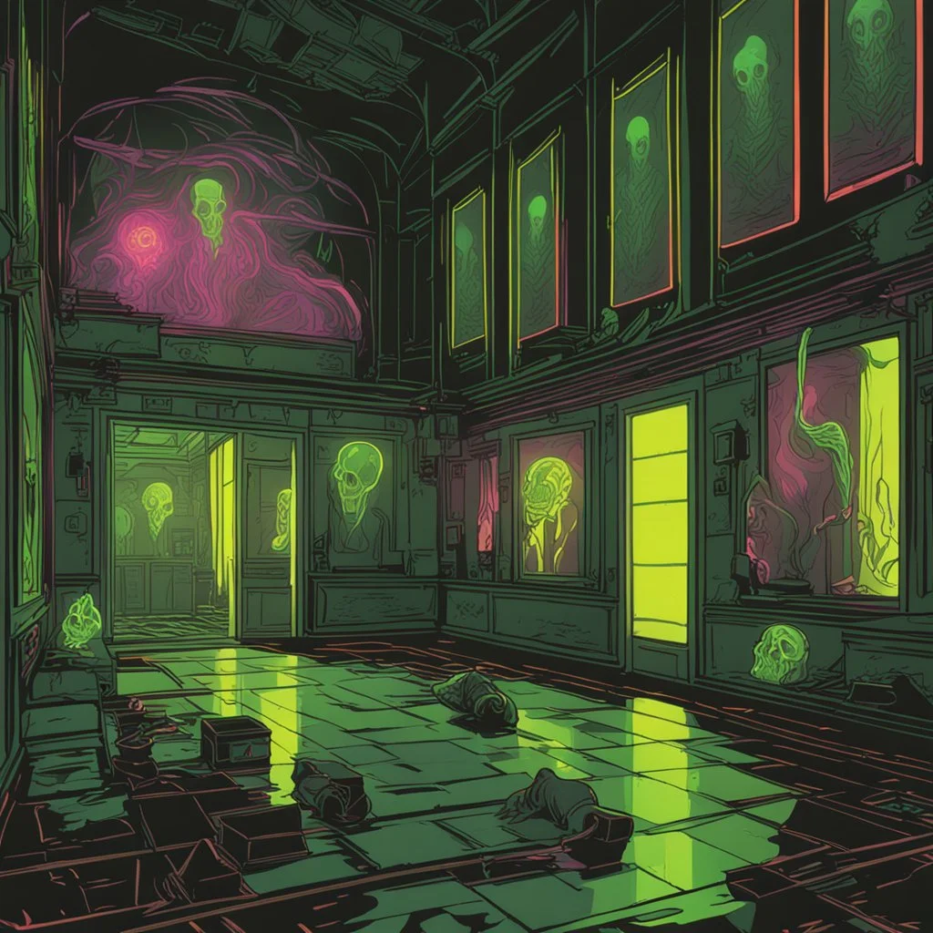 ghostly neon wraiths and incandescent smoky phantoms in a hall with broken mirrors