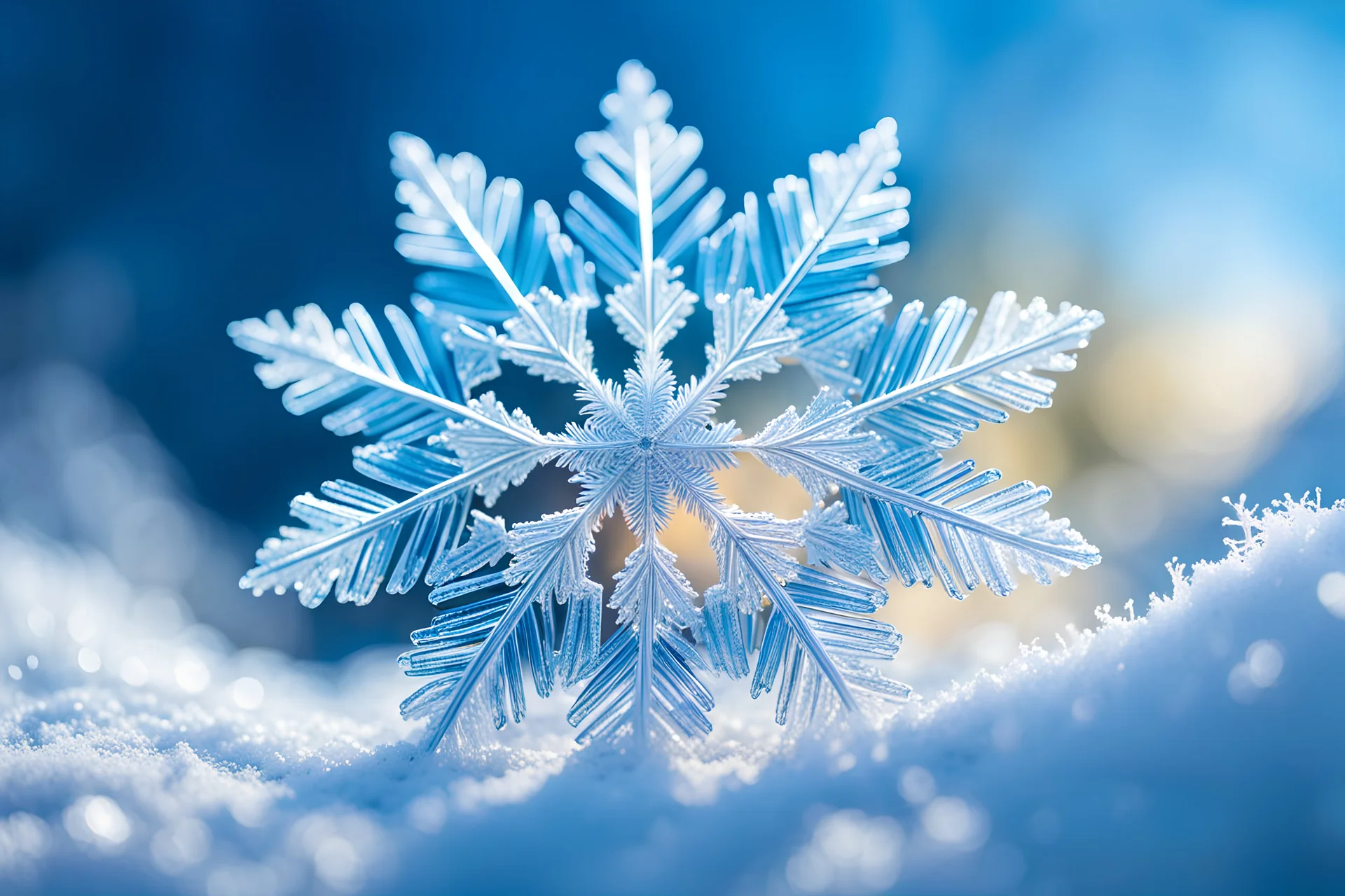 Beautiful enlighten entire big snowflake on the winter sunny morning ,blue sky, Miki Asai Macro photography, entire but close-up, hyper detailed, trending on artstation, sharp focus, studio photo, intricate details, highly detailed,