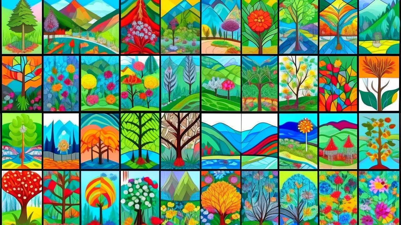 A collage of vibrant, nature-themed paintings arranged in a 4x4 grid, featuring landscapes, flowers, trees, and abstract designs in bright, contrasting colors.