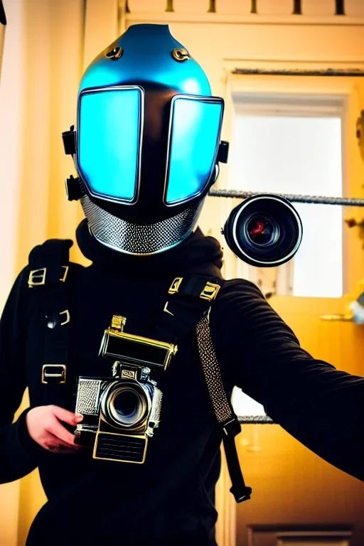 Metallic Cyber-punk style camera-mask. Helmet with camera. Large fencing mask covers cheeks. Trim girls. Reflective plastic body surface. Camera lenses as eyes. Head full of integrated old-fashioned cameras. Golden to cyan surfaces body. Perfect body, thick thighs and calves. Selfie, Selfies, old-fashioned cameras, both hands, mirror. Wide hip. Partly symmetrical. Camera lenses cover the most of the body. Euclidean 3D-tiling, Escher. Mathematically impossible tiling. Soviet Propaganda. 1990's.