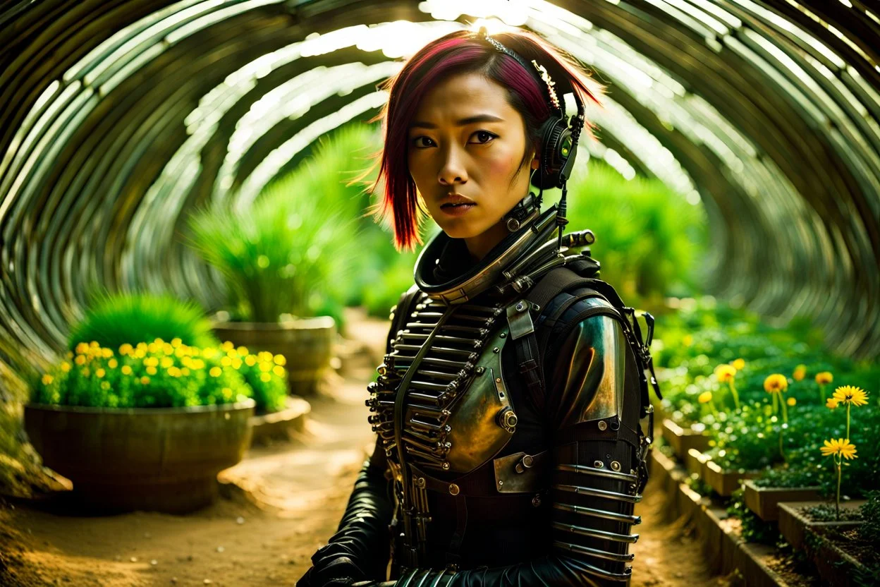 Unground solar punk tunnels, cinematic, dof background a, dystopian, sci-fi, award winning, Yui in a garden, National Geographic, breath taking, oxygen farm but outside is a desert, fantasy, magical