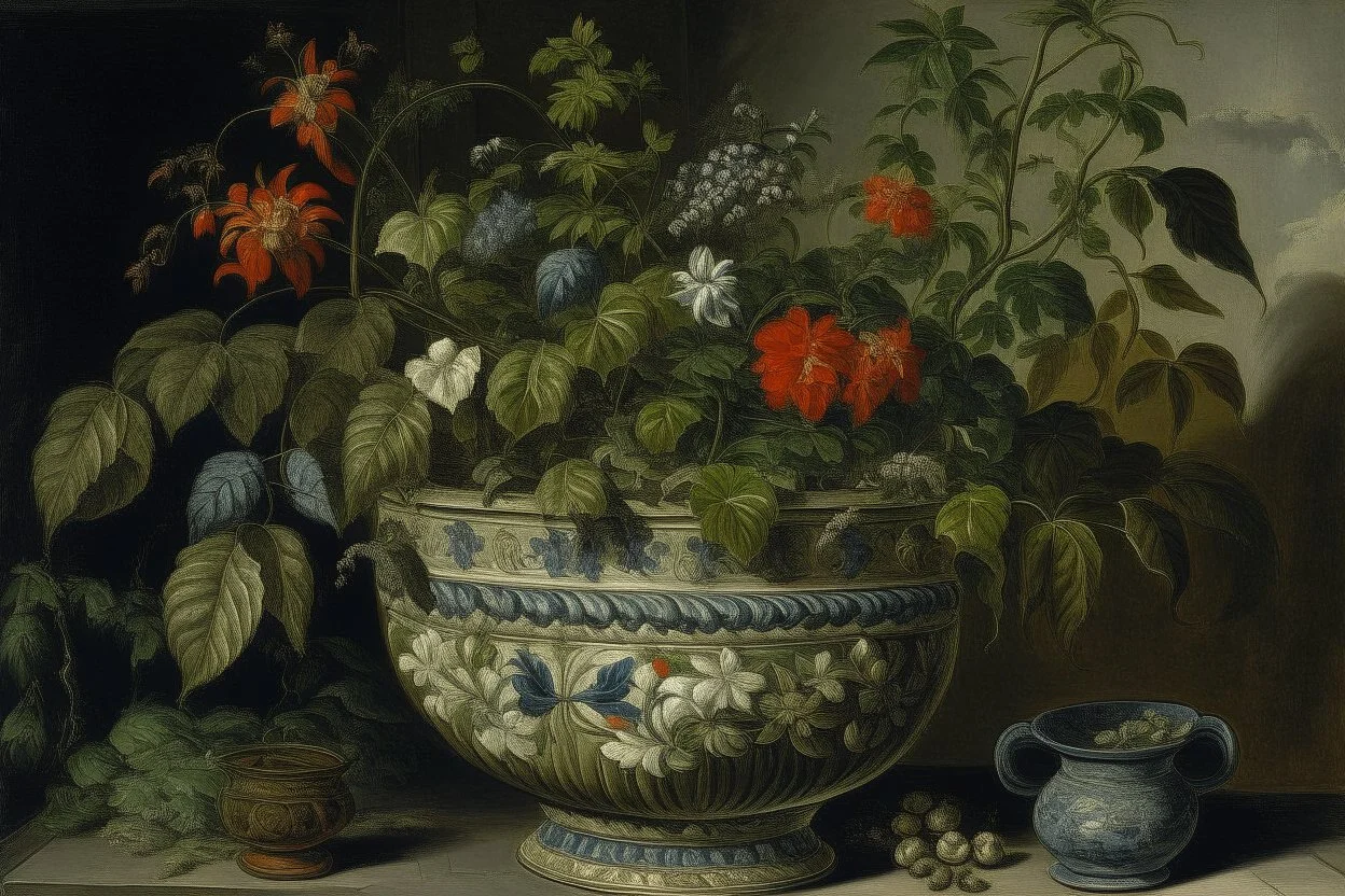 A pot filled with plants painted by Giovanni Battista Sassi