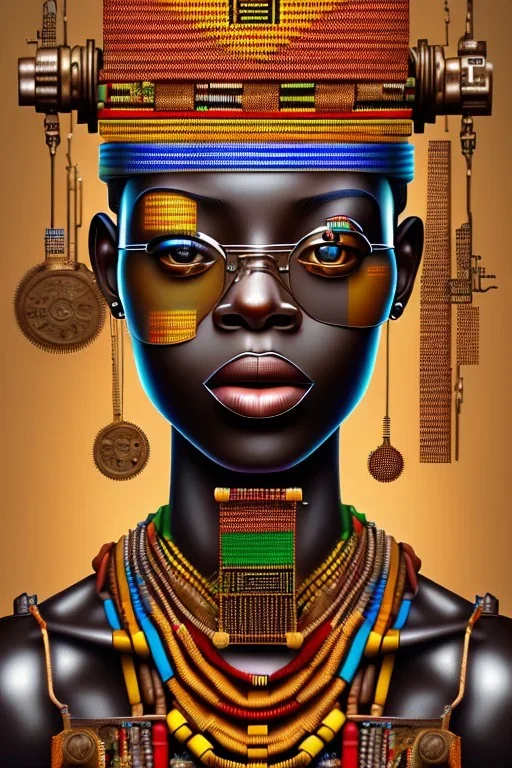 african portrait with rusted varied clocks on face in Kente, rust, scaffolding, ghana colours, cyberpunk, high detail