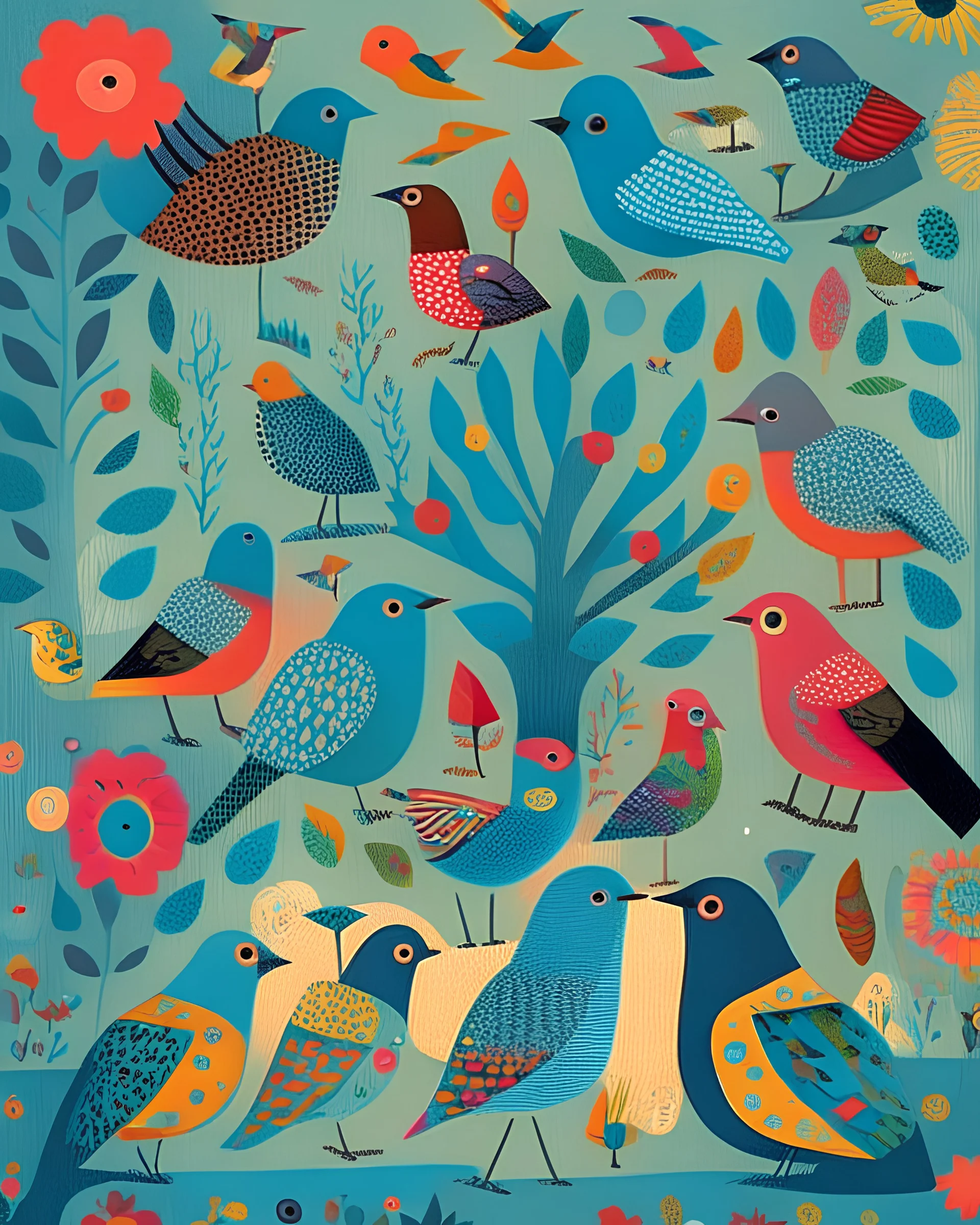 A whimsical portrayal of a flock of birds, each with their own unique, colorful patterns and quirky personalities, in the style of folk art, bold colors, naive charm, and a sense of unity amidst diversity, inspired by the works of Grandma Moses and Maud Lewis, celebrating the beauty and variety of the natural world.