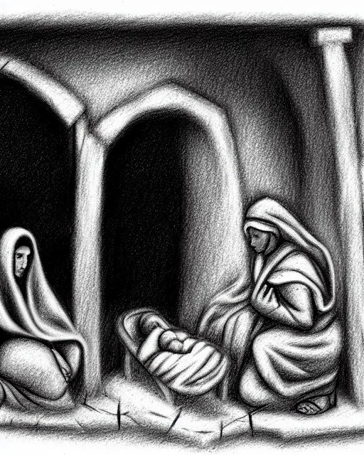 Nativity scene pencil and charcoal manger shading rubble Ukraine