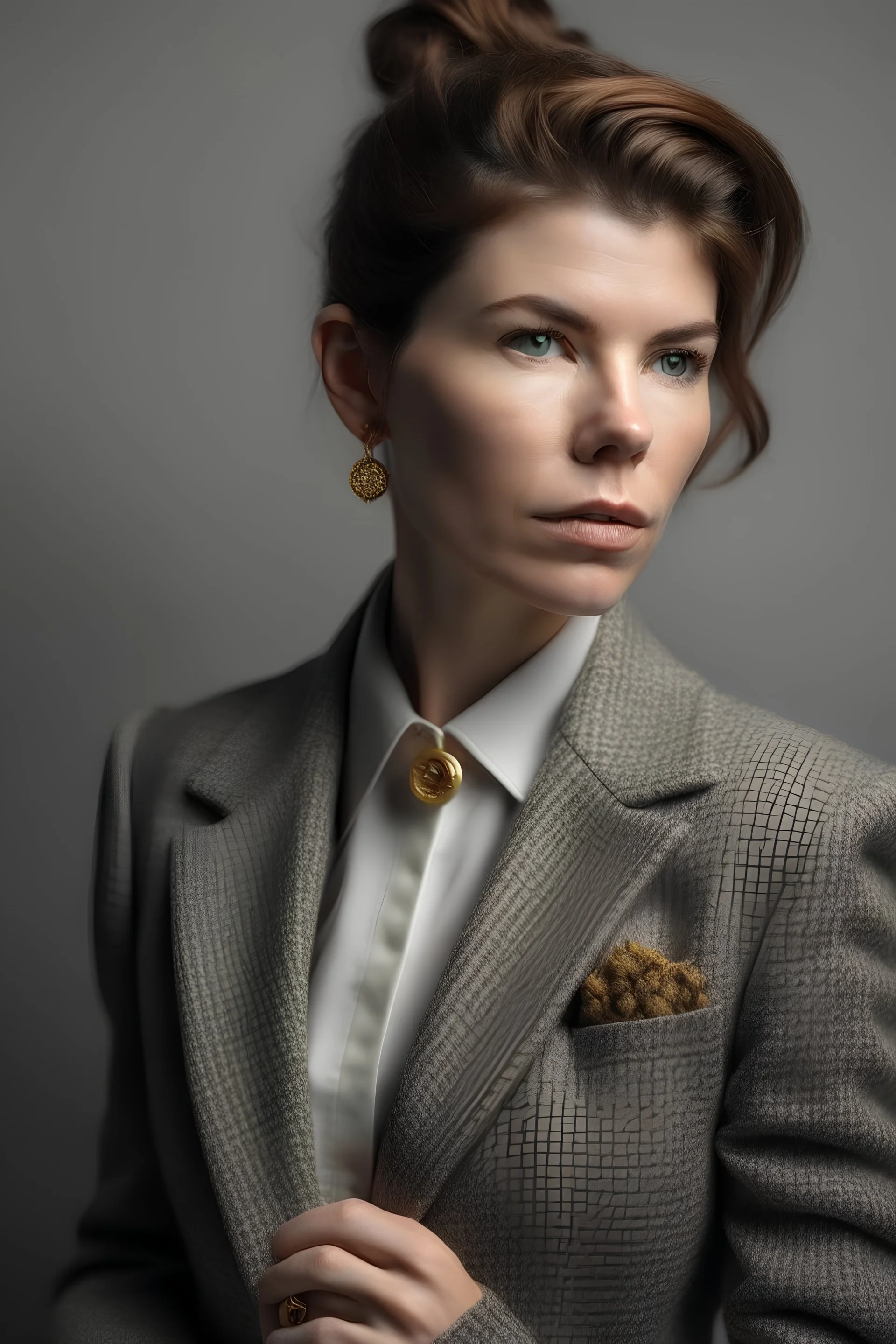 an image of a female model in a tweed blazer with gold buttons. light grey background. fashion style photo