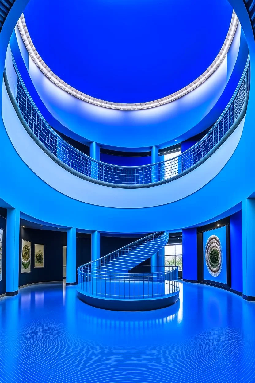 A spiral-shaped gallery with blue walls