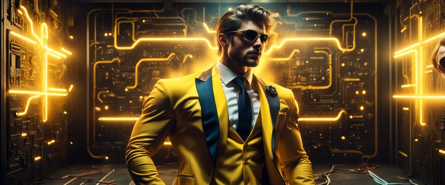 Hyper Realistic handsome muscular Electric-Superhero wearing long-fancy-yellow-tuxedo & fancy-sunglasses in a dark-rustic-circuit-room with electric-sparks-&-rays & a massive circuit-board-wall showing dramatic & cinematic ambiance.