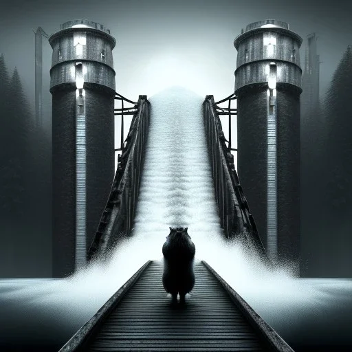 fantasy art, black and white book cover, hairy wizard in front of the ebony stairs, a bridge or dam ,icy water