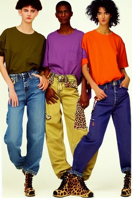 year 1996 denim fashion. Loose fit, "combat pants" with low waist, baggy, Combat pants and t-shirt. Colors: denim blue, blue, purple, khaki, light green, lilac, plum, orange, terracotta, red, pink, dark blue, beige. Women models. Patterns: Something between camouflage and cheetah prints, stripes.Something between camouflage and cheetah prints.Jennifer Lopez, Gwyneth Paltrow, . Big tennis shoes on. Cargo pants. leg warmer