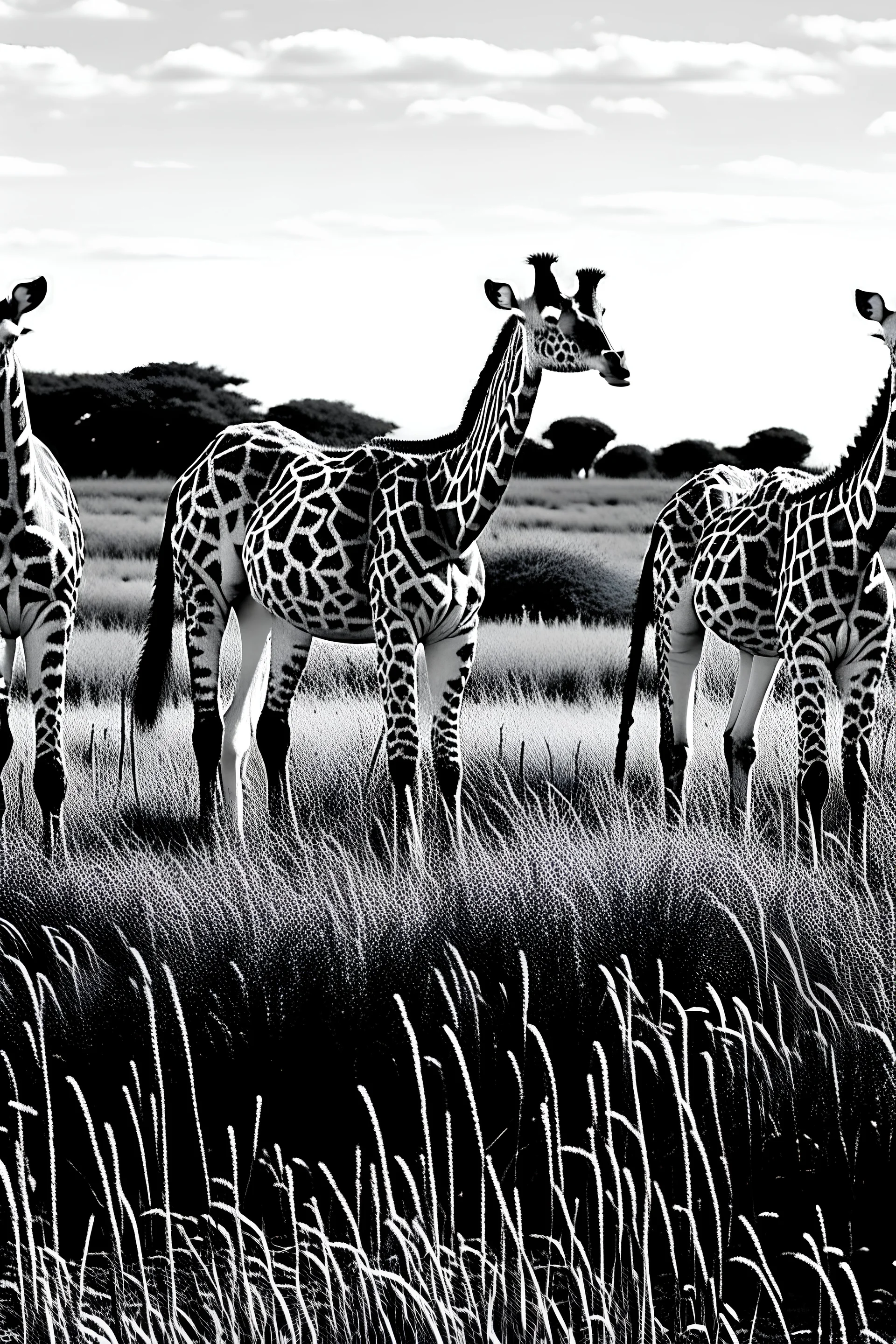 A black and white outlined picture of giraffs grazing on grass