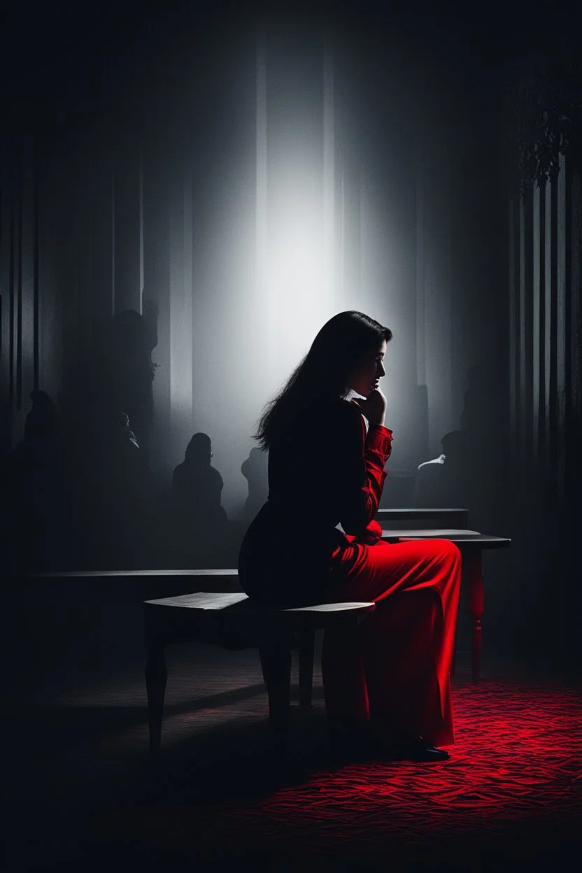 Image of a woman sitting alone, surrounded by shadowy figures whispering in her ear, suggesting the influence of manipulation and dark psychology on individual perceptions of attractiveness Give it a very dark frightening vibe. Use black and red theme.