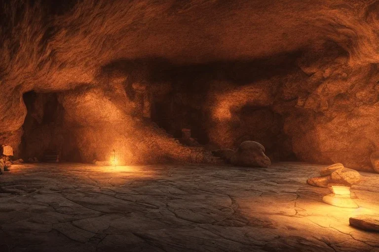 full landscape, stone temple, in cave, volcano, atmospheric, realistic, unreal engine, cinematic lighting, octane render.