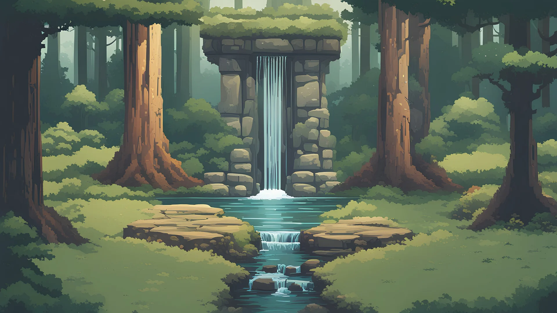 The video game poster presents a serene forest scene in Irland in minimalist pixel art, capturing the essence of the Celtic landscape. A solitary dolmen stands amidst a sea of lush green trees, its ancient stones rendered in simple yet evocative detail. Shafts of sunlight filter through the canopy, casting dappled patterns on the forest floor. fountain with faeries