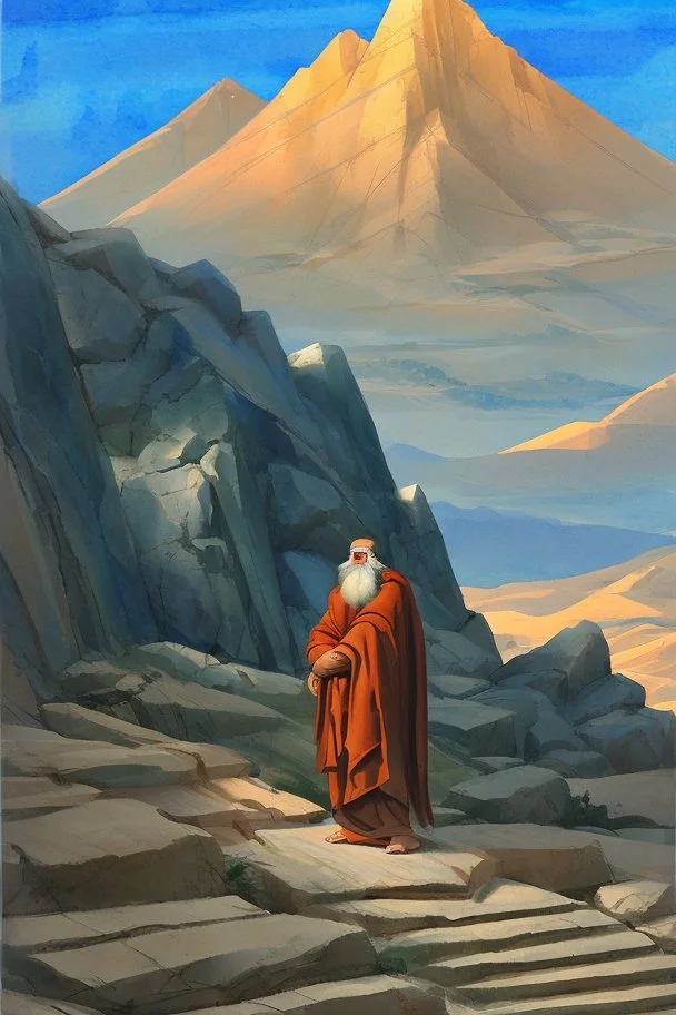 Moses stands on a mountain and holds stone tablets with the ten commandments, and below is a valley with the cities of Palestine. against the background of ancient Palestine, sands, tents and mountains. There is a silhouette of God in the sky. Everything is painted in watercolor