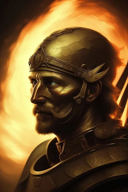 Fire theme art, Dark moody night atmosphere, Portrait of a warrior man by Michelangelo, 8K, close-up face, anatomically perfect face, wounded, lost, alone