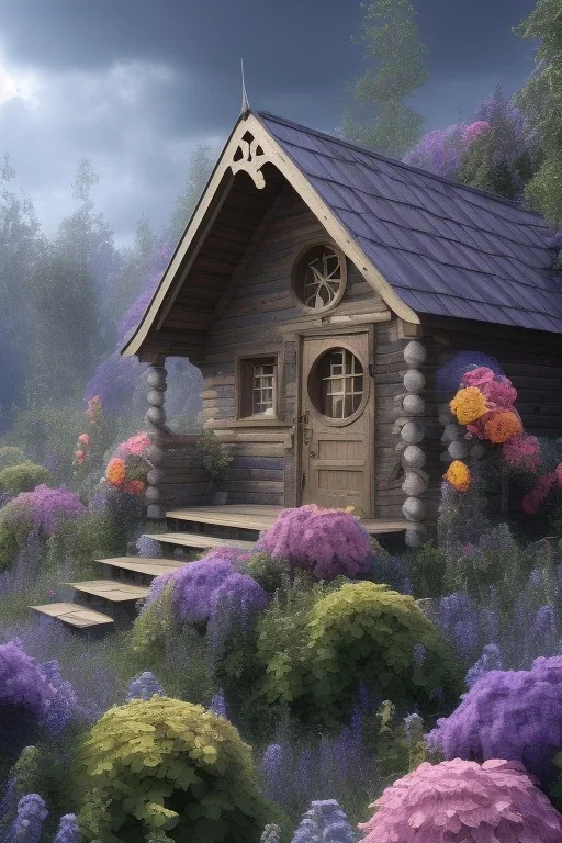 hyper detail, hyper realism, 4k, high quality, small wooden cabin, purple blue yellow silver teal black olive azure, red, pink, brown, flowers, steampunk, cinematic lighting