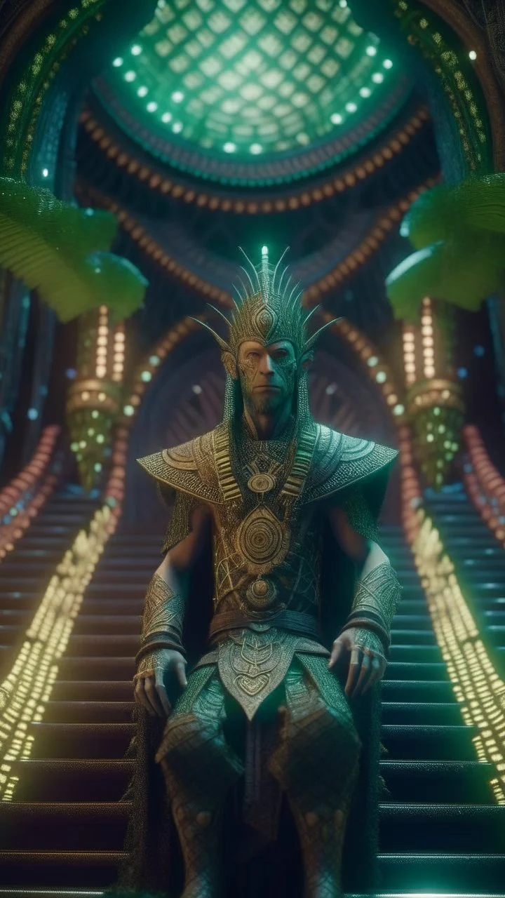 close up portrait of a happy blessed ancient magical king cyber punk soldier standing on a throne in a space alien mega structure with stairs and bridges woven into a sacred geometry knitted tapestry in the middle of lush magic forest, bokeh like f/0.8, tilt-shift lens 8k, high detail, smooth render, down-light, unreal engine, prize winning