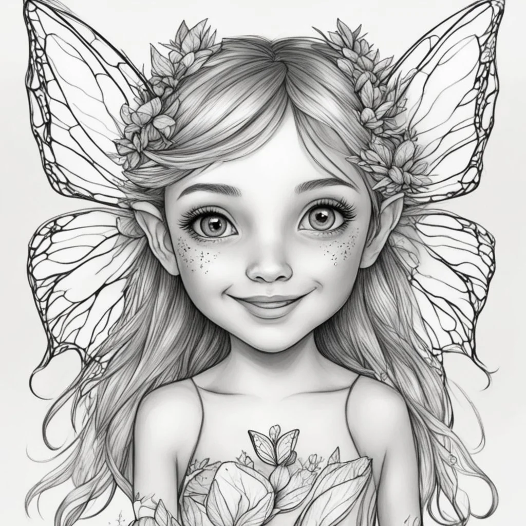 realistic FAIRY, adult, face view, cute, smile, beautiful, full view, realistic, coloring page, only draw lines, coloring book, clean line art, wildlife-inspired, kid style, –no sketch, color, –ar 3:4, white background, minimalistic black lines, 8k, minimal black color, low level black colors, coloring page, use pure black and white colors, avoid thick black colors, thin black line art, avoid colors, perfect shape, perfect clear lines, clear edges, white background,