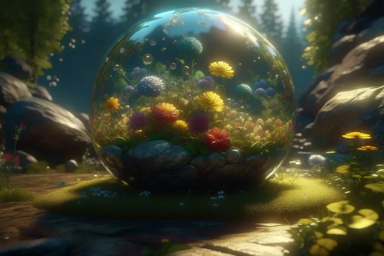 lightning sparkling flowers in floating glass balls, in forest, on lakeside in sunshine detailed matte painting, deep color, fantastical, intricate detail, splash screen, complementary colors, fantasy concept art, 8k resolution trending on Artstation Unreal Engine 5