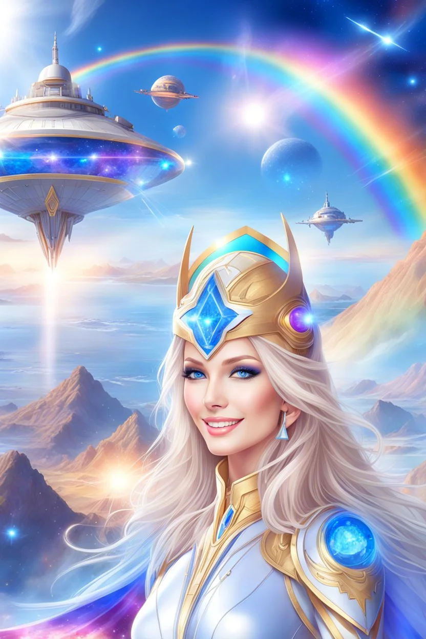 cosmic woman smile, admiral from the future, one fine whole face, crystalline skin, expressive blue eyes,rainbow, smiling lips, very nice smile, costume pleiadian, Beautiful tall woman pleiadian Galactic commander, ship, perfect datailed golden galactic suit, high rank, long blond hair, hand whit five perfect detailed finger, amazing big blue eyes, smilling mouth, high drfinition lips, cosmic happiness, bright colors, blue, pink, gold, jewels, realist, high,rainbow commander