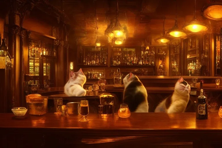 Two fat cat in a bar, high-quality, fine-detail, intricate, digital art, detailed matte, volumetric lighting, dynamic lighting, 3D octane render, Marc Adamus, Ann Prochilo, Romain Veillon,