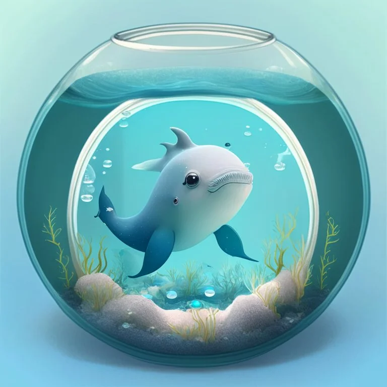 A cute little Narwhal in a small circular fish tank.