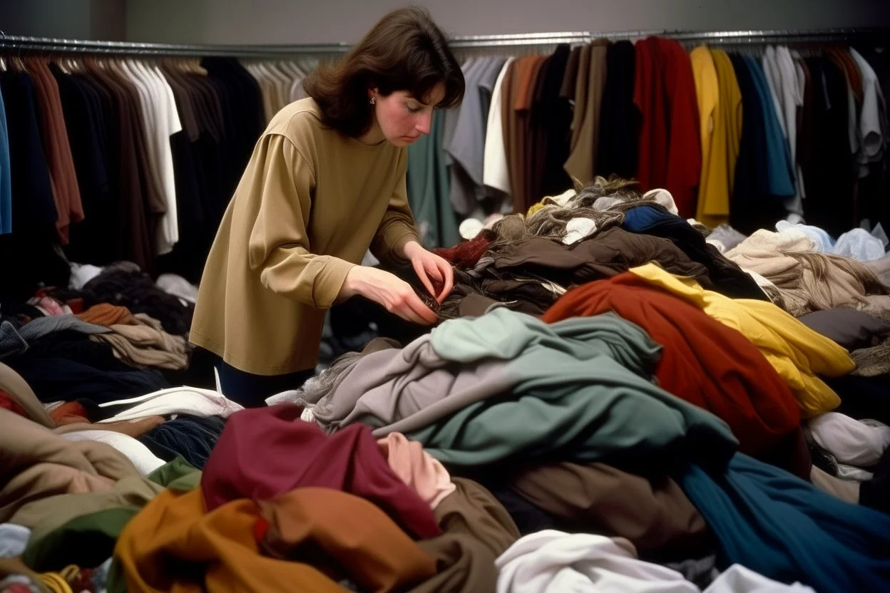fotografía real, realizada con una cámara Canon y un objetivo de 35 mm, de una mujer europea seleccionando ropa entre un montón