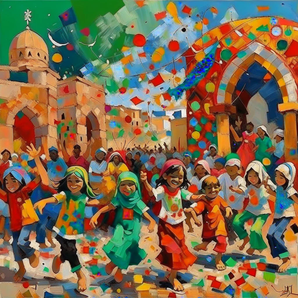 Abstract painting Libyan children celebrating end of ramadan