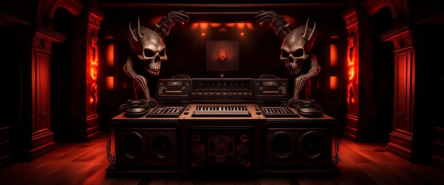 DJ of the damnded, insanely detailed DJ booth in hell, MID set, speakers and equipment made of bone, anatomically correct, add more skulls in th audience, photorealism, vray, 8k 3d https://stablecog.com/generate?o=a67b60e0-edd2-418d-9744-d1d585055d7f