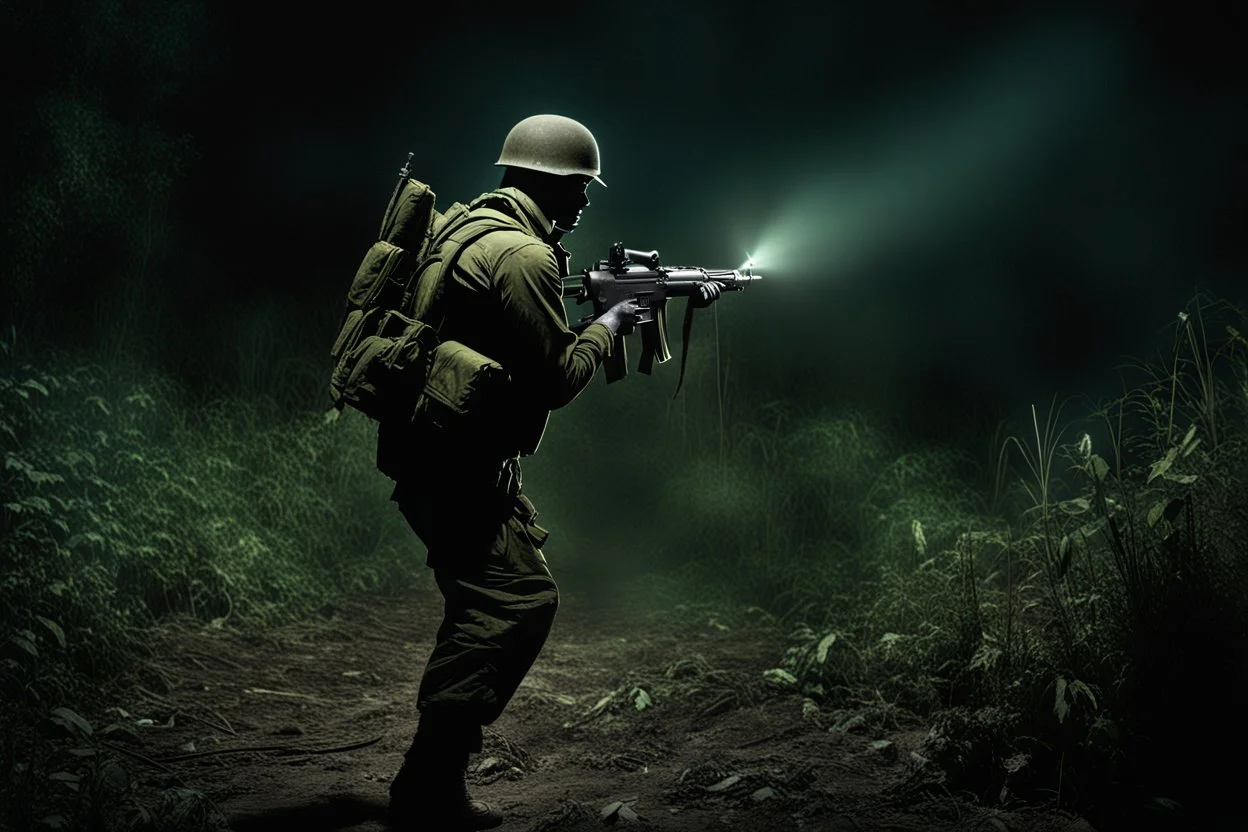 Luminescent spectral ghost of a headless soldier carrying a Thompson machine gun through the Congo at night