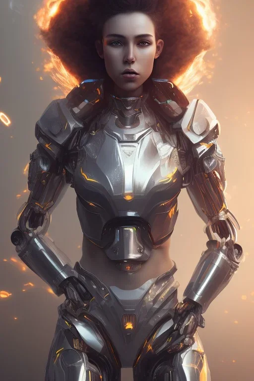 Hannah Hoekstra, robotic armor, cristal brown eyes, portrait busty and face, light effects, particles, explosion fire,