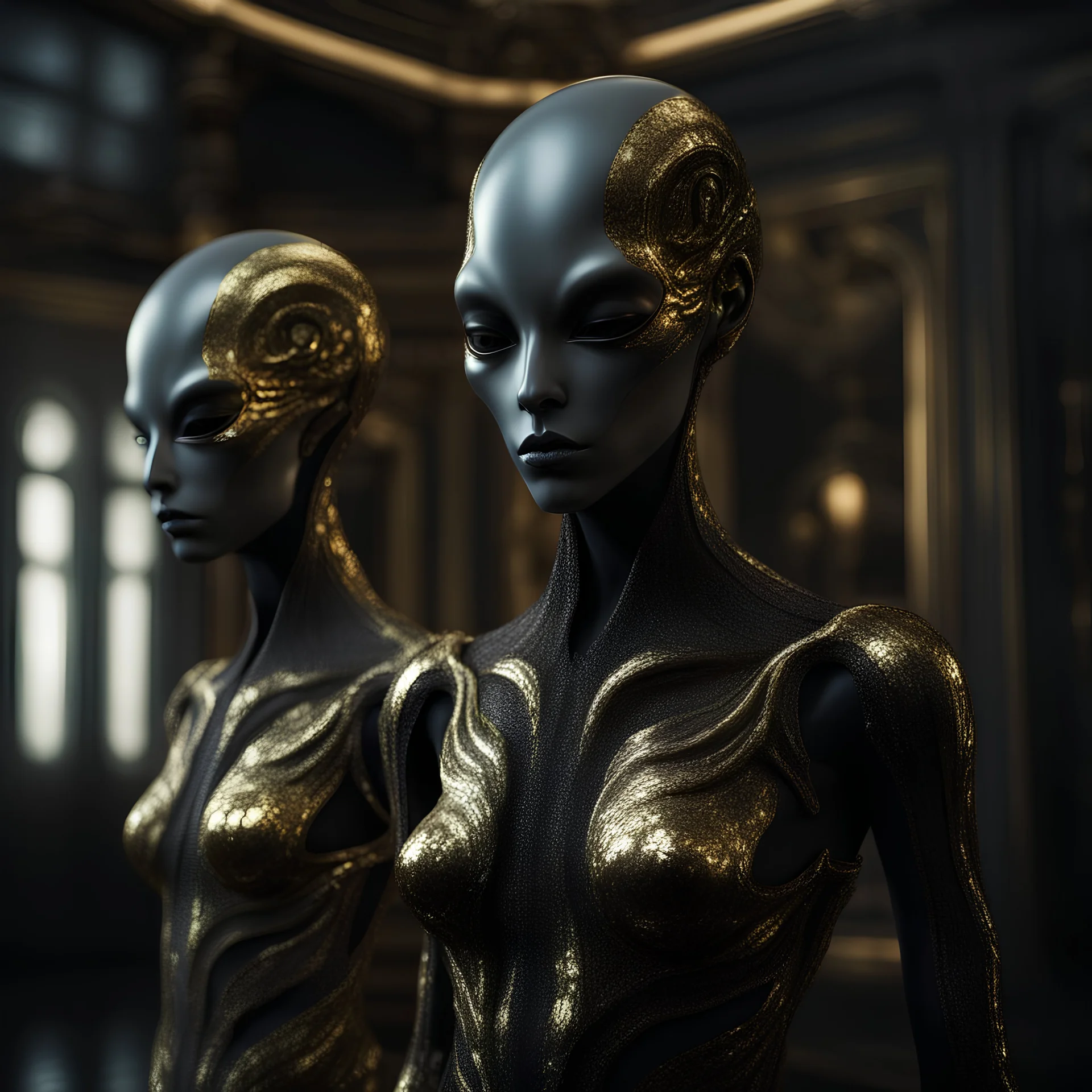 two exotic translucent grey alien in THE HOUSE OF MIRRORS, REFLECTIONS, extremely high quality high detail RAW color photo, beauty, luxury, GOLD-BLACK tones, glass textures, 3D mirror symmetry, ultra-photorealistic colors, Unreal Engine composition, cinematic color grading, ultra wide angle, deep depth of field, fog, surrealism
