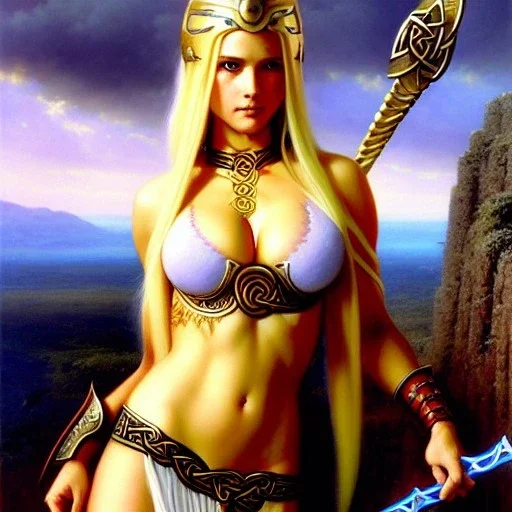 portrait 'beautiful Sexy busty Blonde Sif',long hair, Braids,horned helmet, celtic tattoed,painting by gaston bussiere, greg rutkowski, yoji shinkawa, yoshitaka amano, tsutomu nihei, donato giancola, tim hildebrandt, oil on canvas, cinematic composition, extreme detail,fit full head inside picture,32k