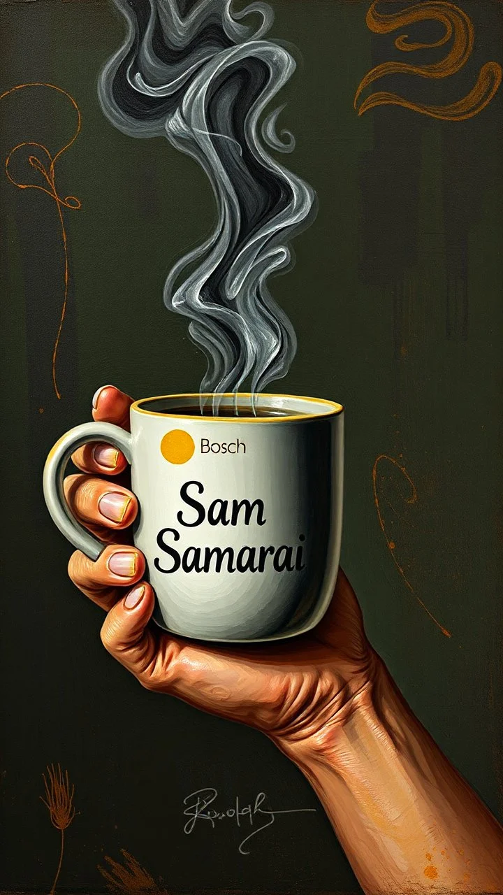 Bosch style painting , A 3D hand holding a coffee mug written on it “ Sam Samarrai”