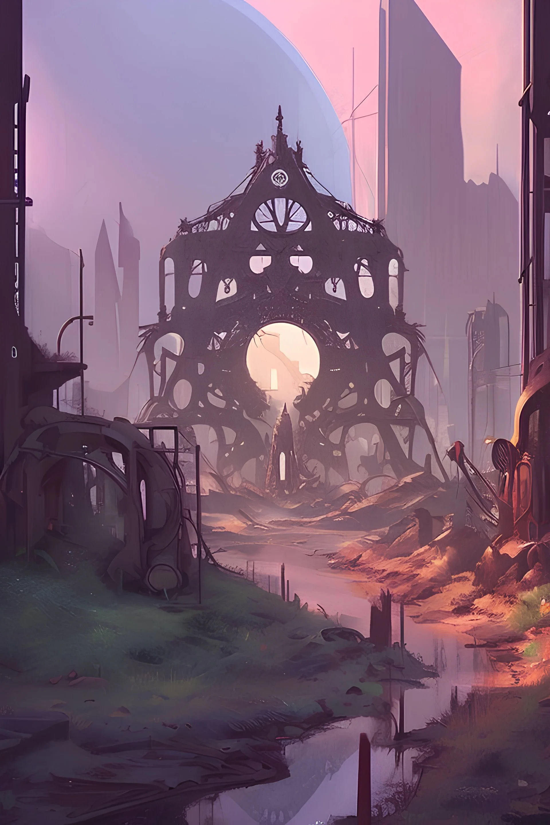 abandoned owergrown city art with fantasy beings