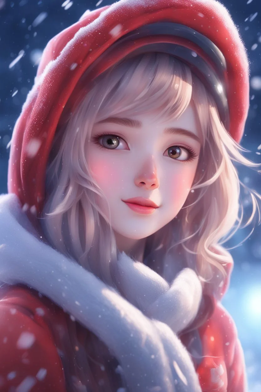 Painting of a cute girl in a red hat and scarf, pretty face, snowfall in the background, bright night, in front of space portal dimensional glittering device, bokeh like f/0.8, tilt-shift lens 8k, high detail, smooth render, down-light, unreal engine, prize winning