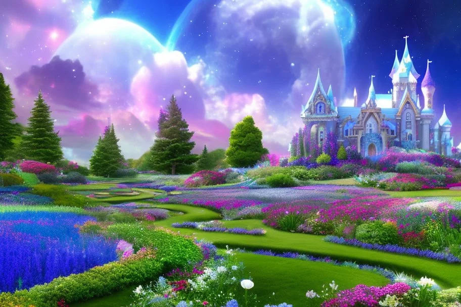 fairy and cosmic landscape with blue grass, magic plants, sky with light and stars. fairy white castle with diamond