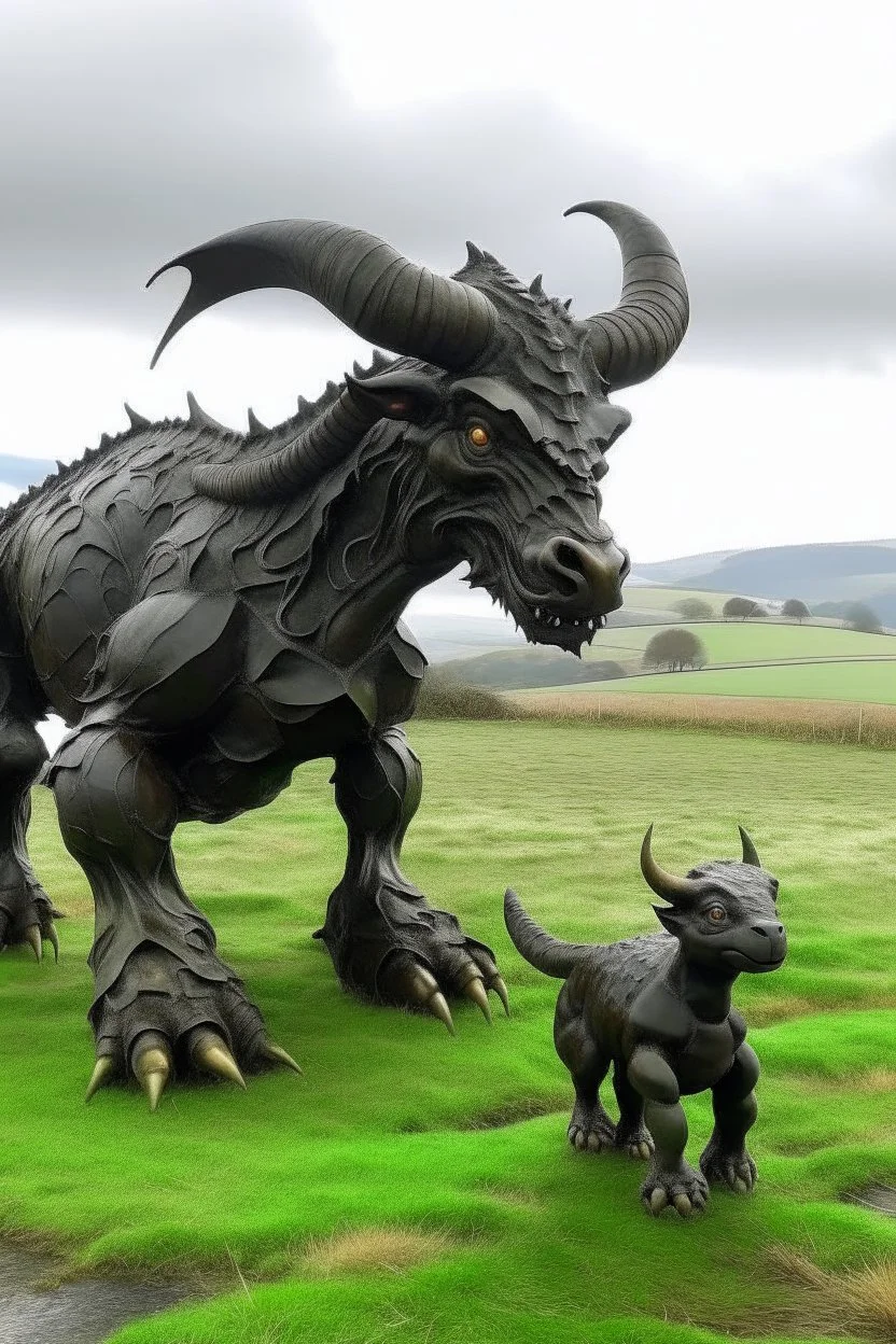 Minotaur meets baby dragon in Welsh countryside