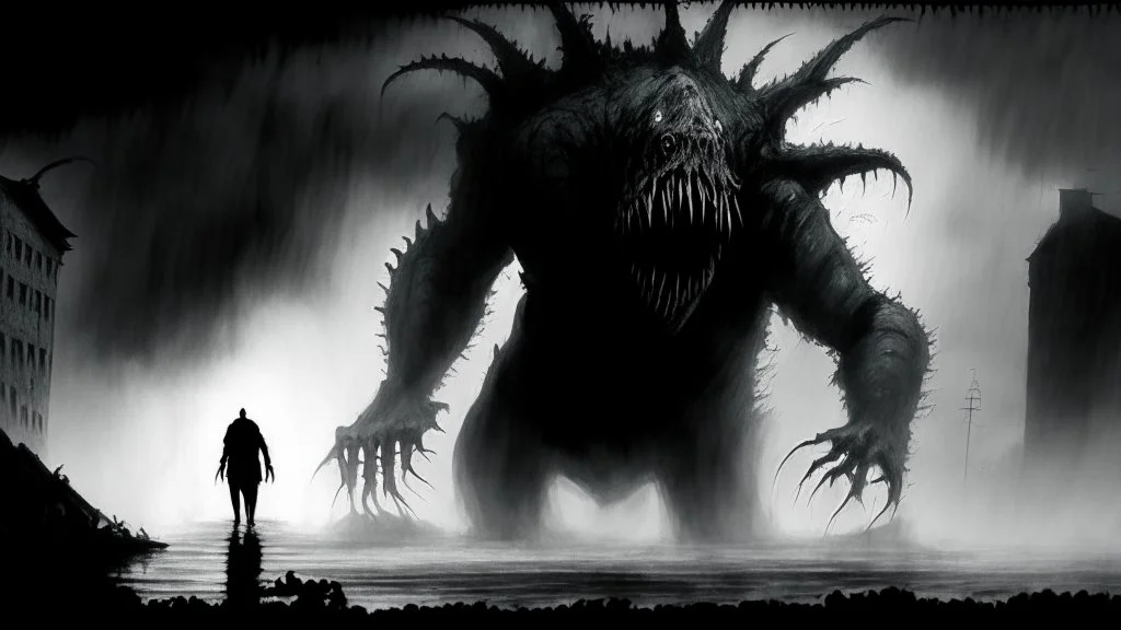 The described image presents an extremely horrifying scene with grayscale colors dominating the picture, creating a dark and eerie atmosphere. In this context, there is a massive, monstrous creature positioned prominently in the foreground of the image. This monster appears to be mythical and intensely frightening, characterized by its terrifying features and its colossal, imposing body that exudes immense power. When one looks at this monster, its face and eyes exhibit horrifying details, seem