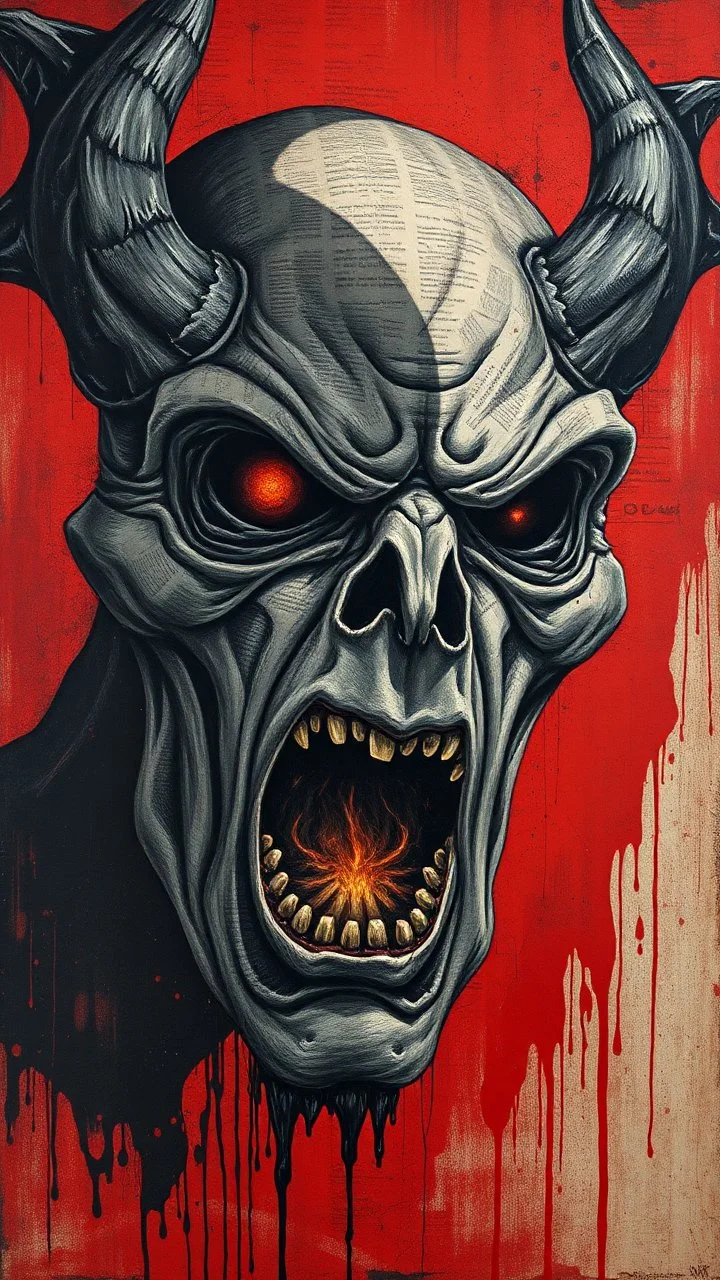 Bosch style painting , A shadow of a spirit inside an evil open mouth face in details on red bloody background. The texture of the face is a collage of many peace’s of newspaper parts