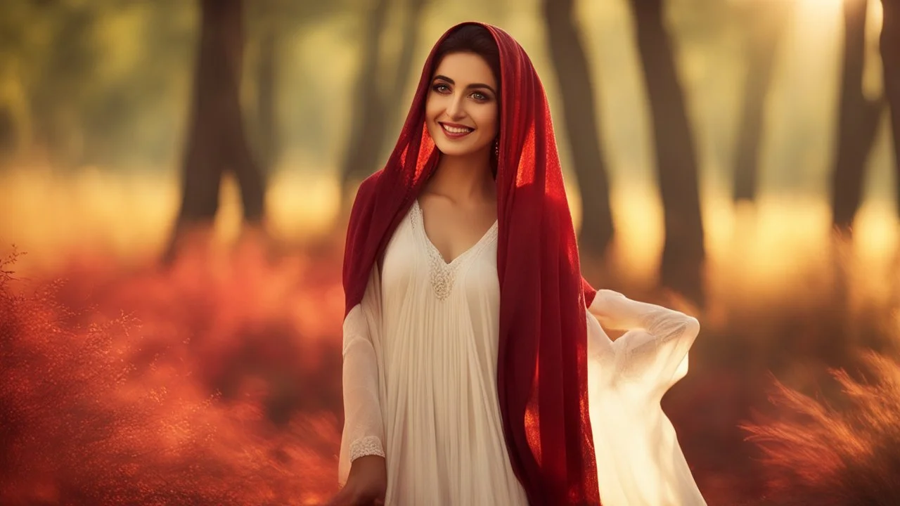 Hyper Realistic Photographic-view of a Beautiful-Young-Happy-Pashto-Woman-with-beautiful-eyes-Smiling with-white-dress-with-maroon-shawl & breeze-whirling in a jungle-with-tall-trees & cloudy-sunset-&-sun-rays showing dramatic & cinematic ambiance