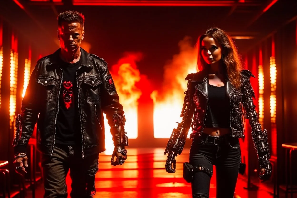 Two characters, a Terminator and a hard rock fan, holding hands in a burning studio.