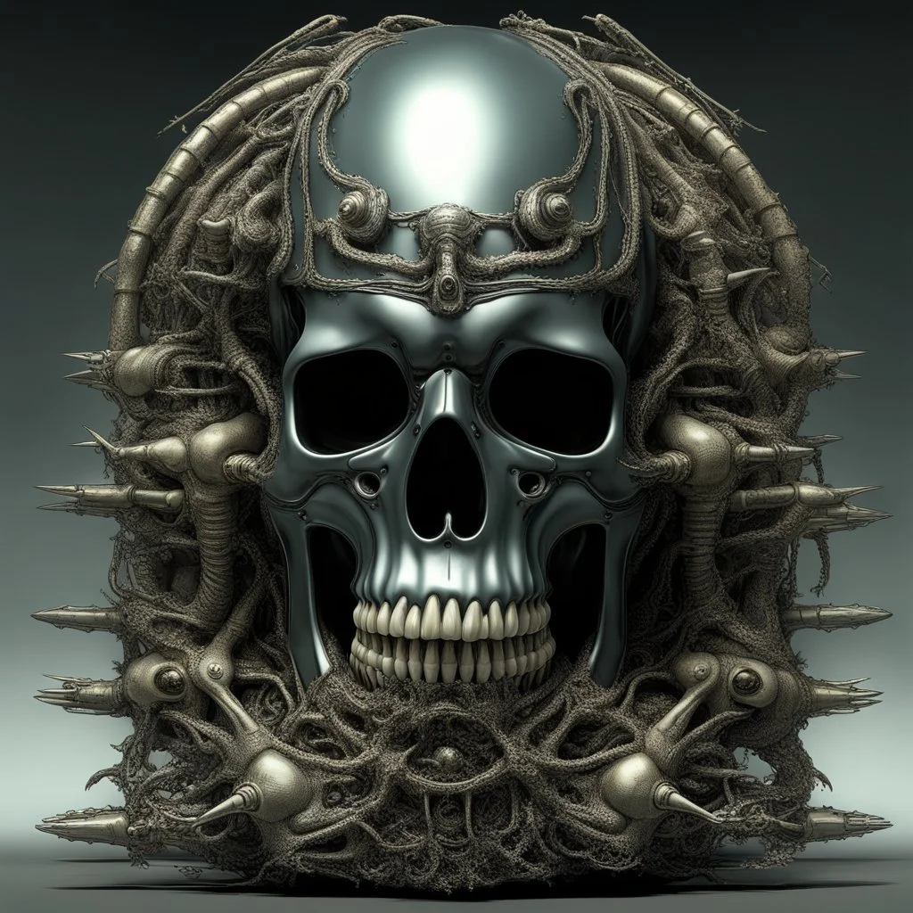 A MECHANICAL NON HUMAN SKULL AND PHALLIC SYMBOL DARK SLIMEY AND GIVING BIRTH SHARKS TEETH with a touch of H.R. Giger's biomechanical aesthetic. Hyperdetailed and rendered in 8k resolution, a true masterpiece. hyperdetailed intricately detailed Splash art action painting film noir photorealism psychedelic art telephoto lens aetherpunk horror post-apocalyptic VIVID IN COLOR